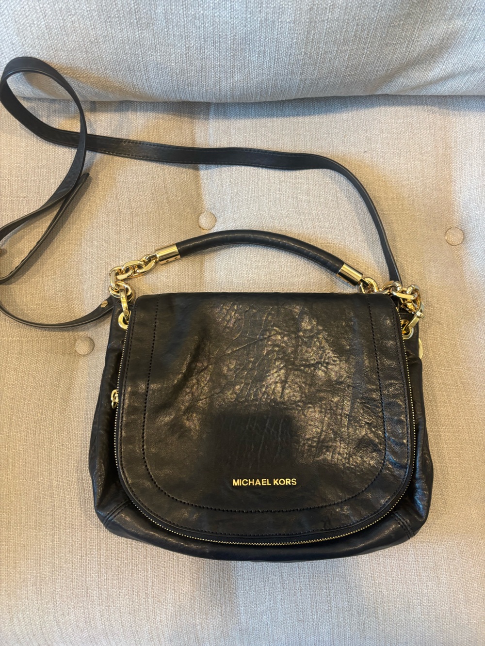 Michael Kors Black Leather Shoulder Bag with Gold Chain Accents